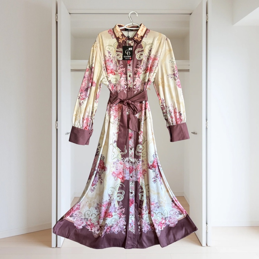 Floral Long Sleeve Maxi Dress with Belt